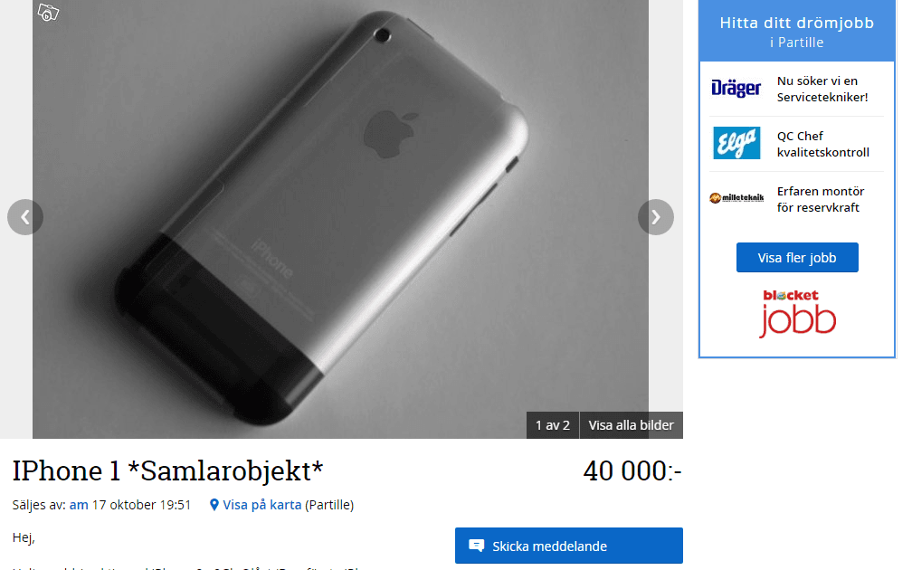 Här säljs den första iPhone-modellen för 40 000 kronor. Foto: Skärmdump / blocket.se