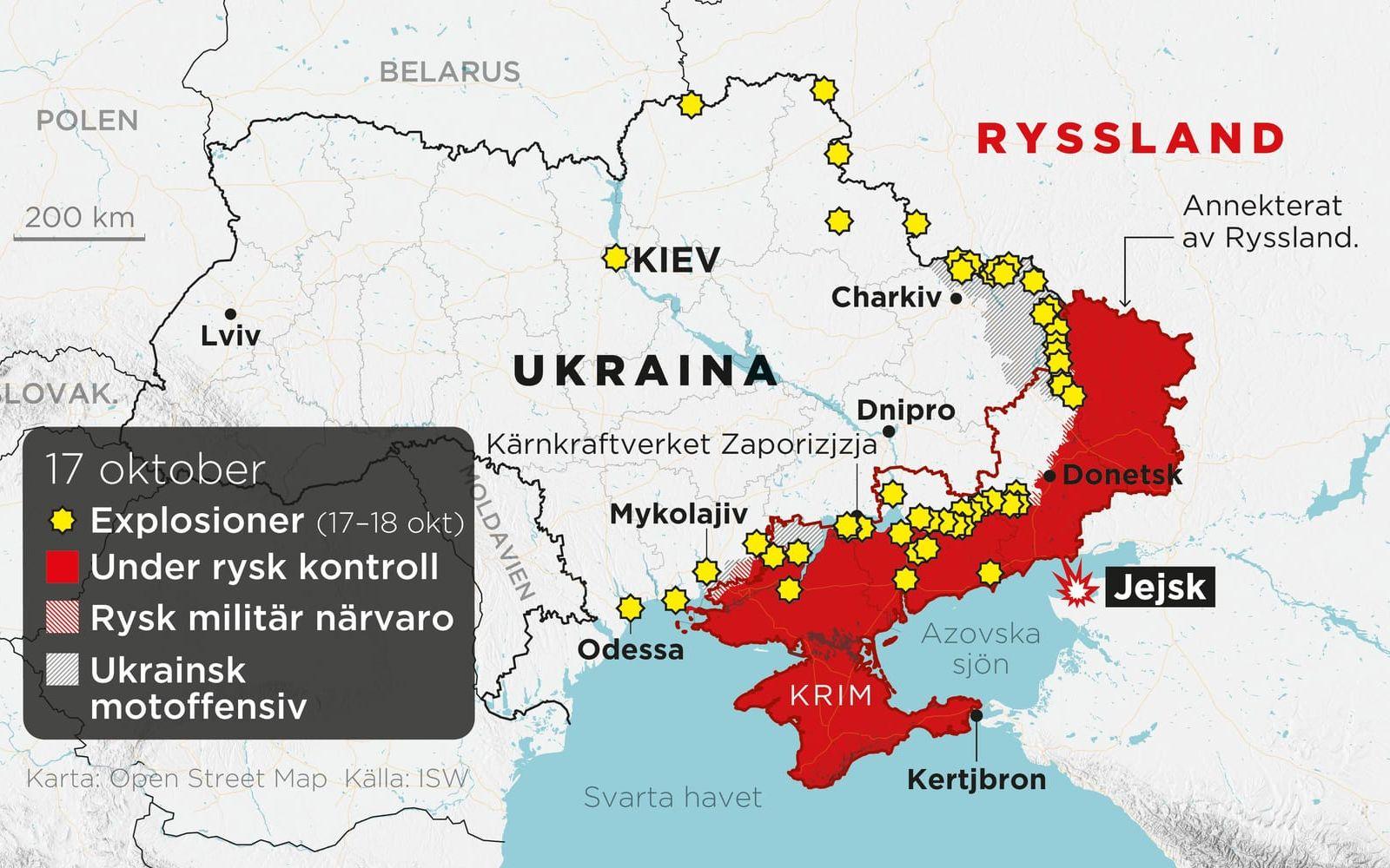 Områden under rysk kontroll, områden med rysk militär närvaro, ukrainska motoffensiver samt 'annekterade' områden.