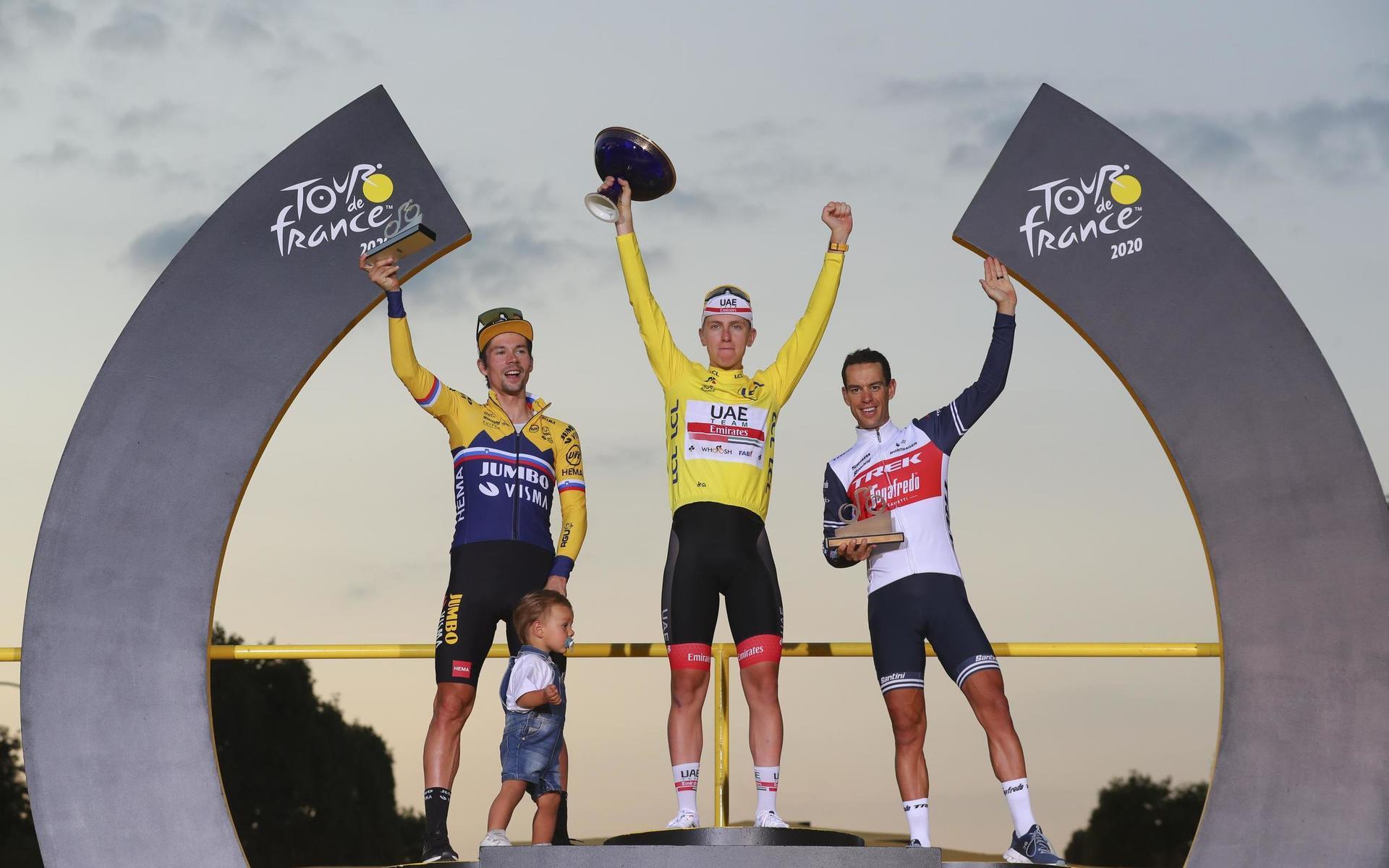 Pallen i Tour de France: Primoz Roglic, Tadej Pogacar och Richie Porte. 