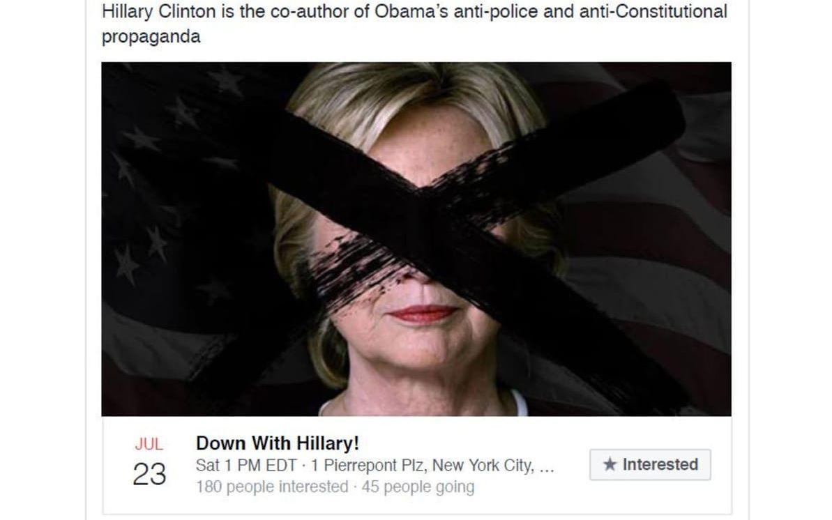 En falsk ryskproducerad annons som beskriver presidentkandidaten Hillary Clinton som "medförfattare" till den tidigare presidenten Barack Obamas påstådda "propaganda" mot polisen och konstitutionen.
