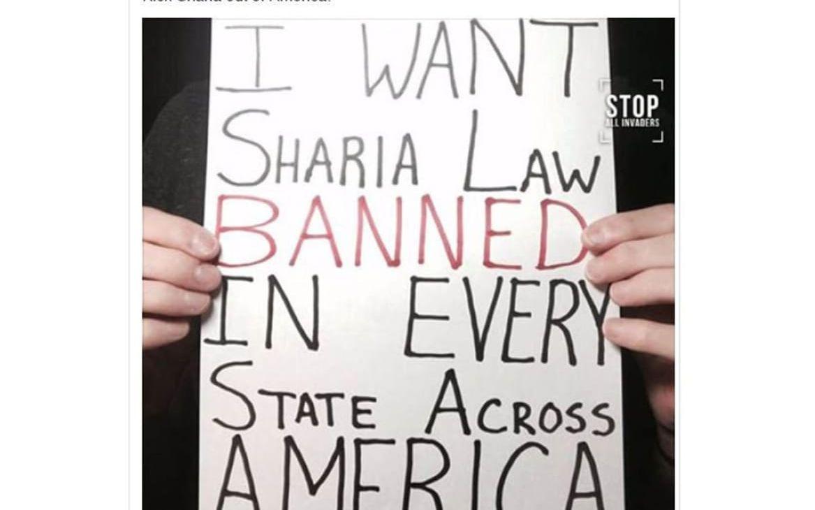 En falsk ryskproducerad annons med texten "jag vill förbjuda sharialag i alla delstater i USA".

