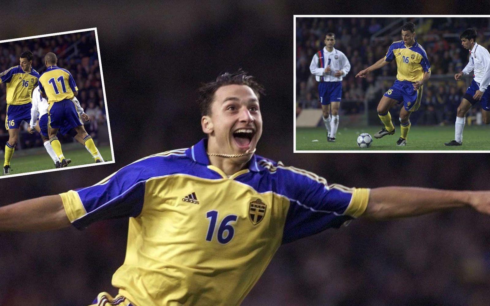 5. Zlatan Ibrahimović, Sverige. Gjorde mål efter fyra minuter i första tävlingslandskampen, i VM-kvalet 2002, hemma mot Azerbajdzjan. Foto: TT