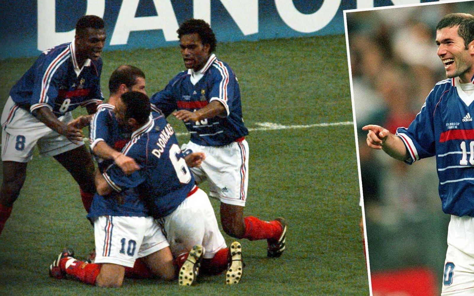 2. Zinedine Zidane, Frankrike. Den elegante mittfältaren debuterade som 22-åring 1994, i landskampen mot Tjeckien. Fransmännen låg under med 0–2 när Zidane hoppade in och gjorde två mål. Det första: ett läckert långskott. Foto: Bildbyrån