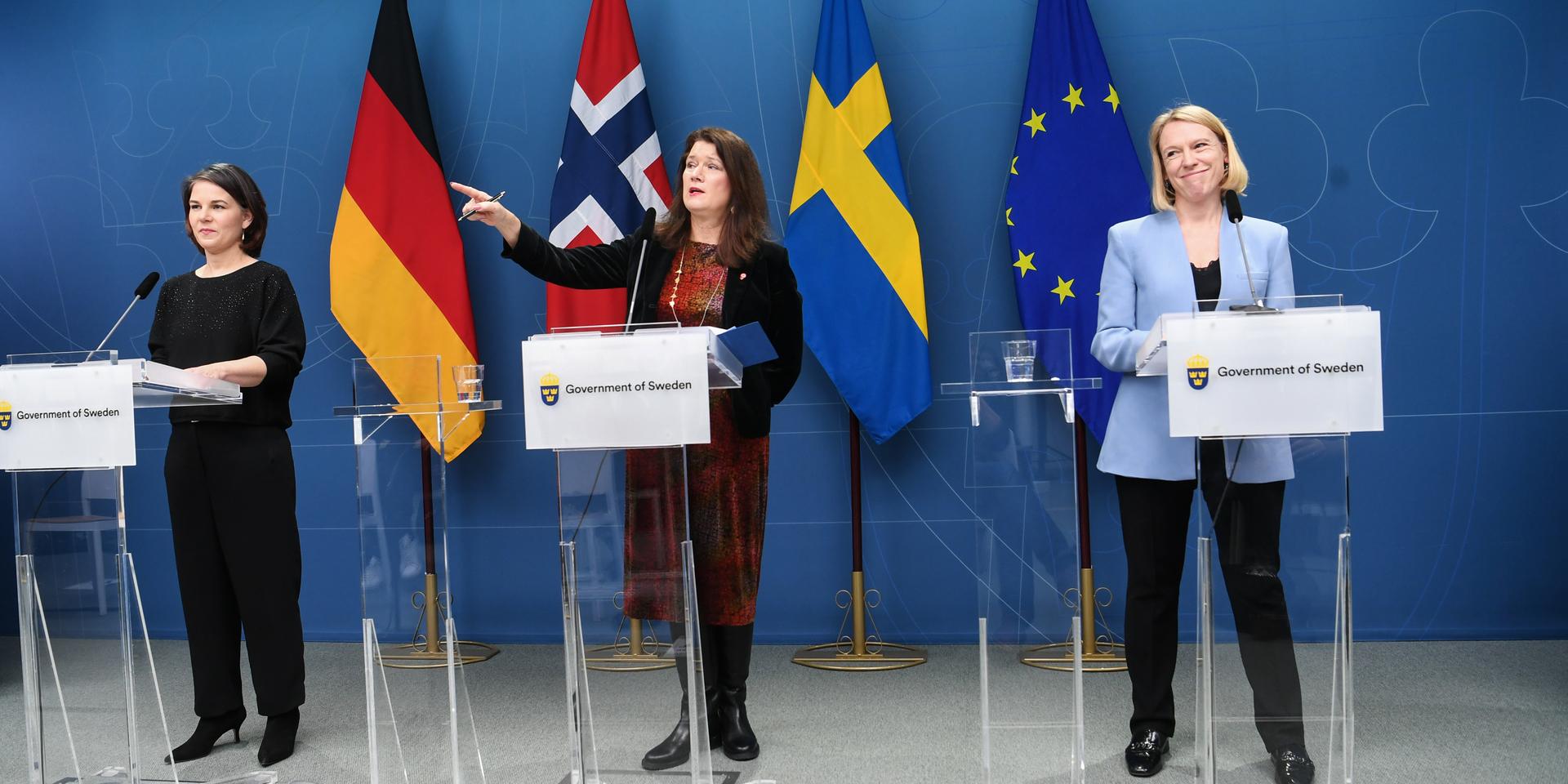 Tysklands utrikesminister Annalena Baerbock, Sveriges Ann Linde och Norges Anniken Huitfeldt i Stockholm på tisdagen.
