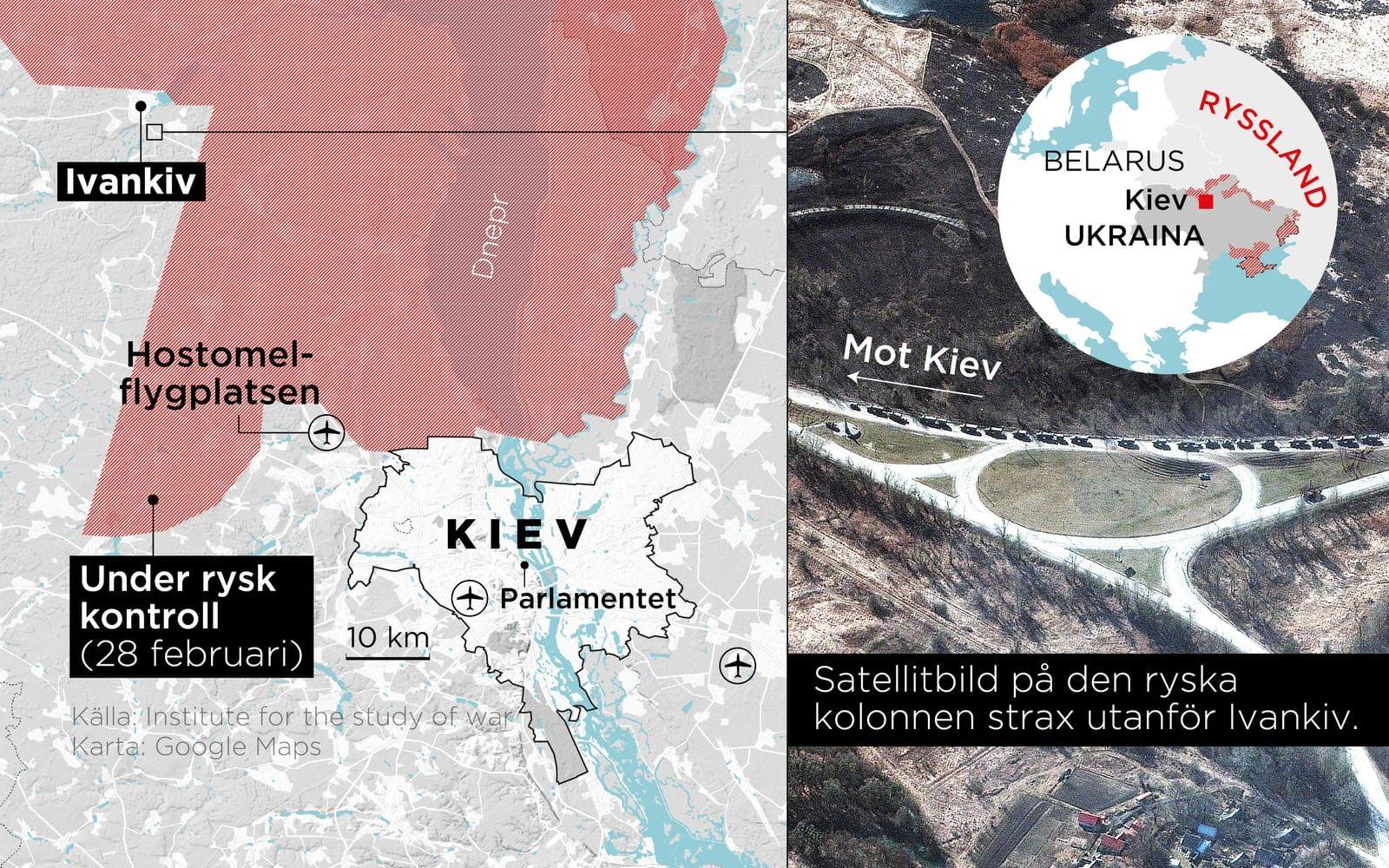 Satellitbild på den ryska militärkolonnen på väg mot Kiev.
