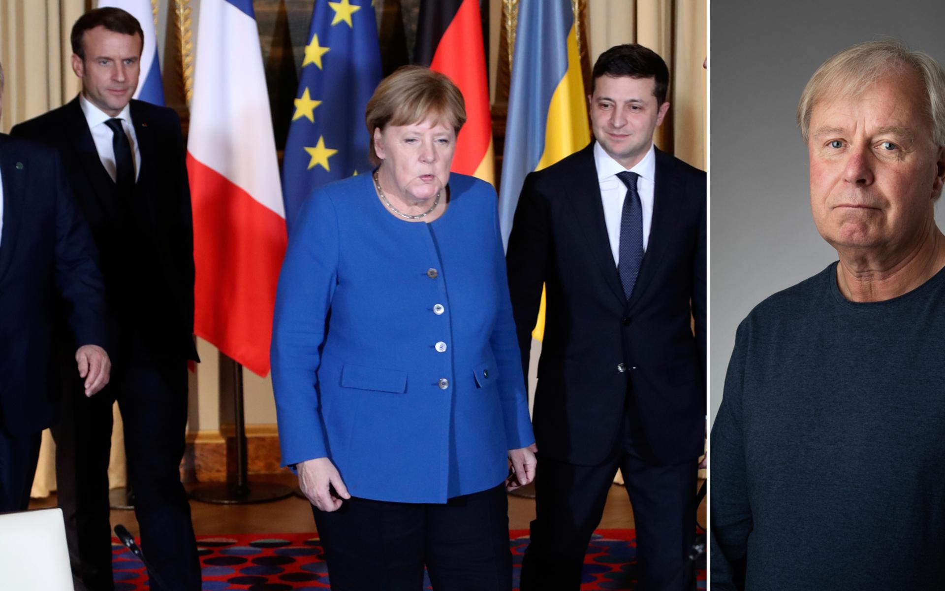 Rysslands president Vladimir Putin, Frankrikes president Emmanuel Macron, Tysklands förbundskansler Angela Merkel och Ukrainas president Volodymyr Zelenskyj.