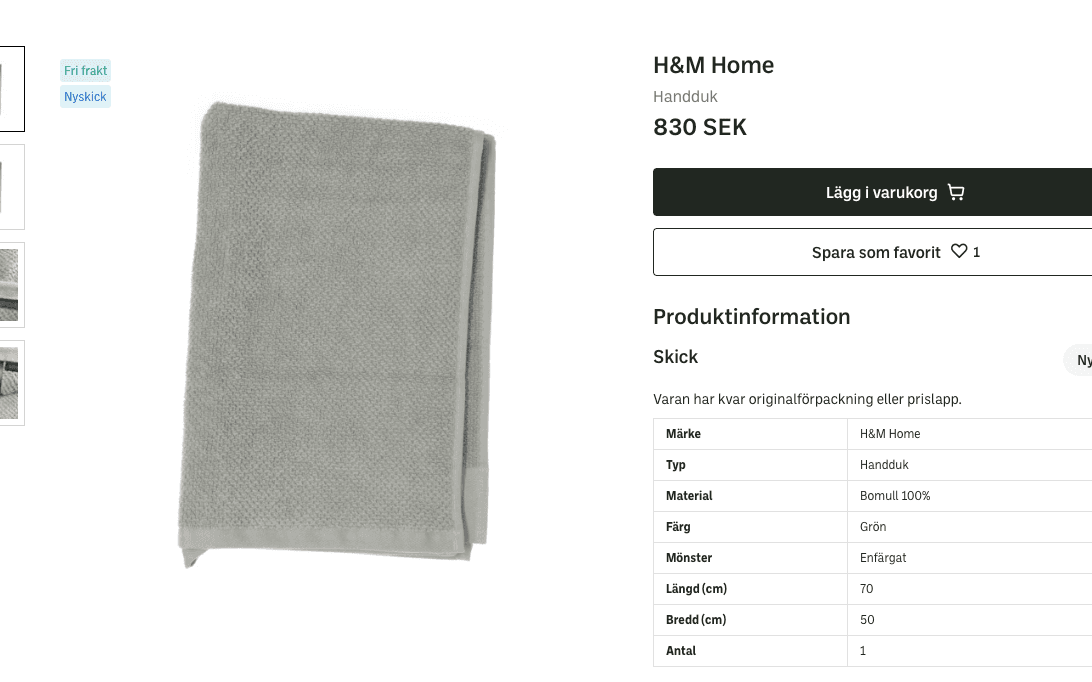 Ett badlakan från H&M Home, som kostar 179 kronor i nypris, säljs för 830 kronor på Sellpy.
