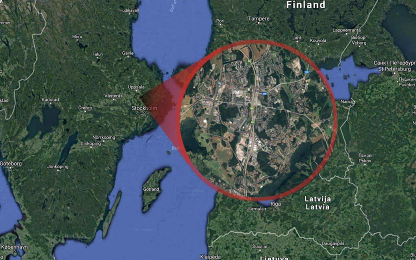 Det var vid niotiden på kvällen som flera personer hörde en skottlossning i Upplands Väsby, norr om Stockholm. Bild: Google maps
