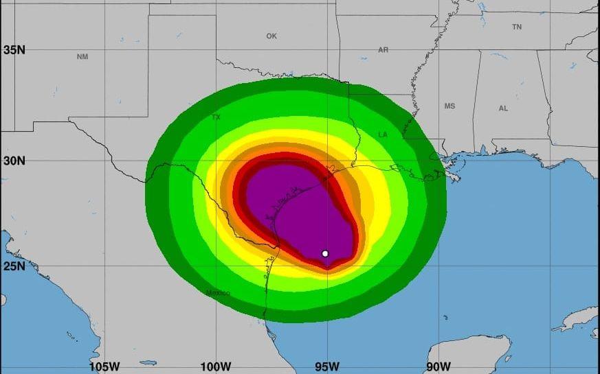 Orkanen Harvey drar in över sydöstra Texas under fredagen och förväntas bringa förstörelse i sin väg. Bild: National weather service/NOAA
