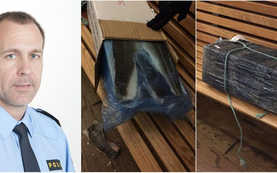 En ordningsvakt på Centralstationen i Göteborg bevittnadeett större tejpat paket på en bänk under kvällen och larmade snabbt polisen. Vakten misstänkte nämligen att det rörde sig om ett misstänkt farligt föremål.Bild: Polisen/Skärmdump Twitter
