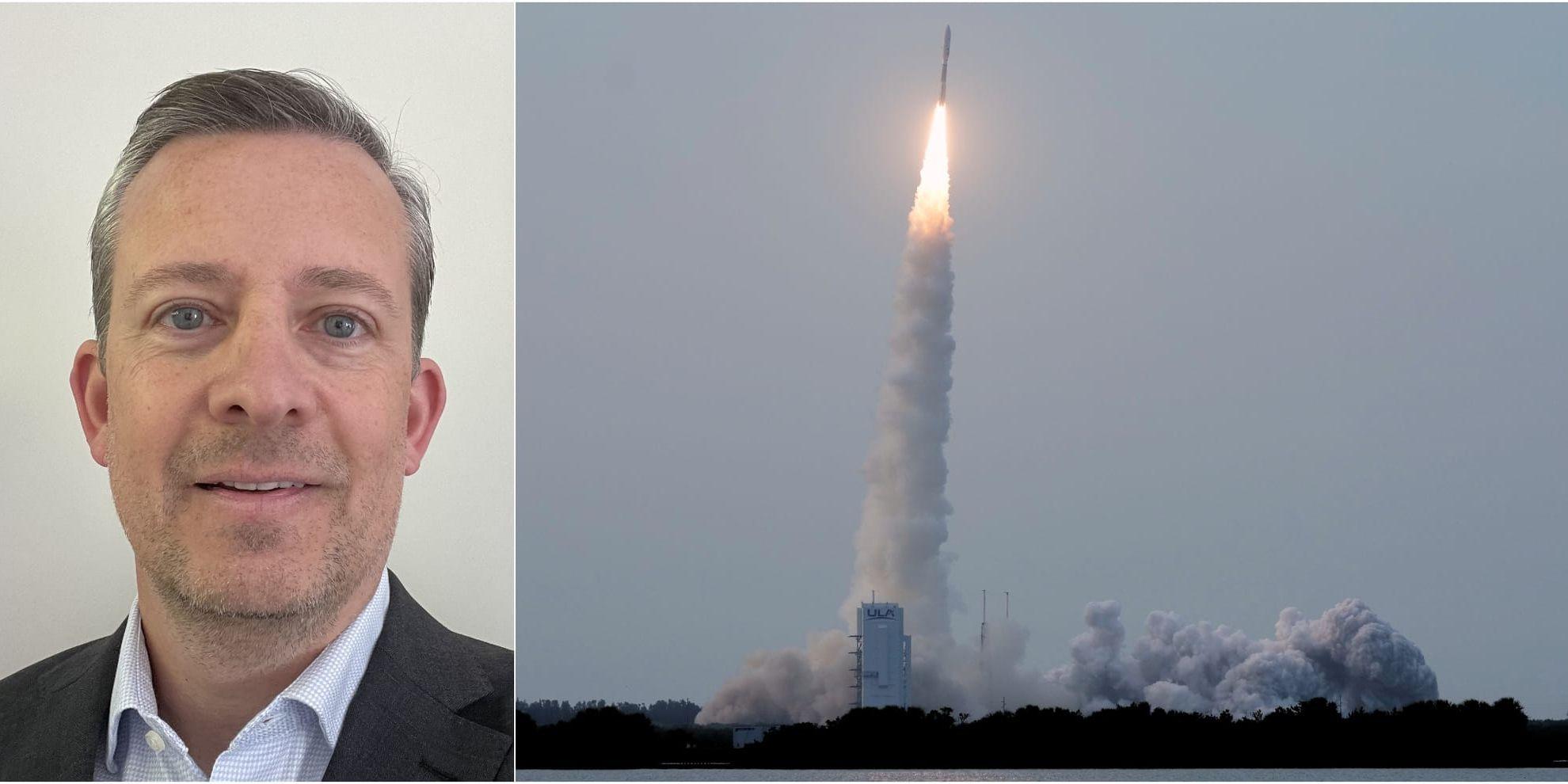 Aaron Dinardi, rymdingenför samt en bild på en satellit som skjuts upp i USA.