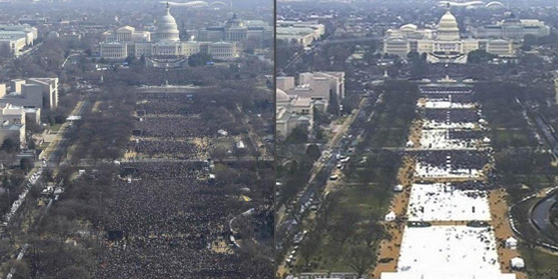 Jämförelsen mellan besökarantalet vid Barack Obamas, till vänster, och Donald Trumps, till höger,  presidentinstallationer. 
