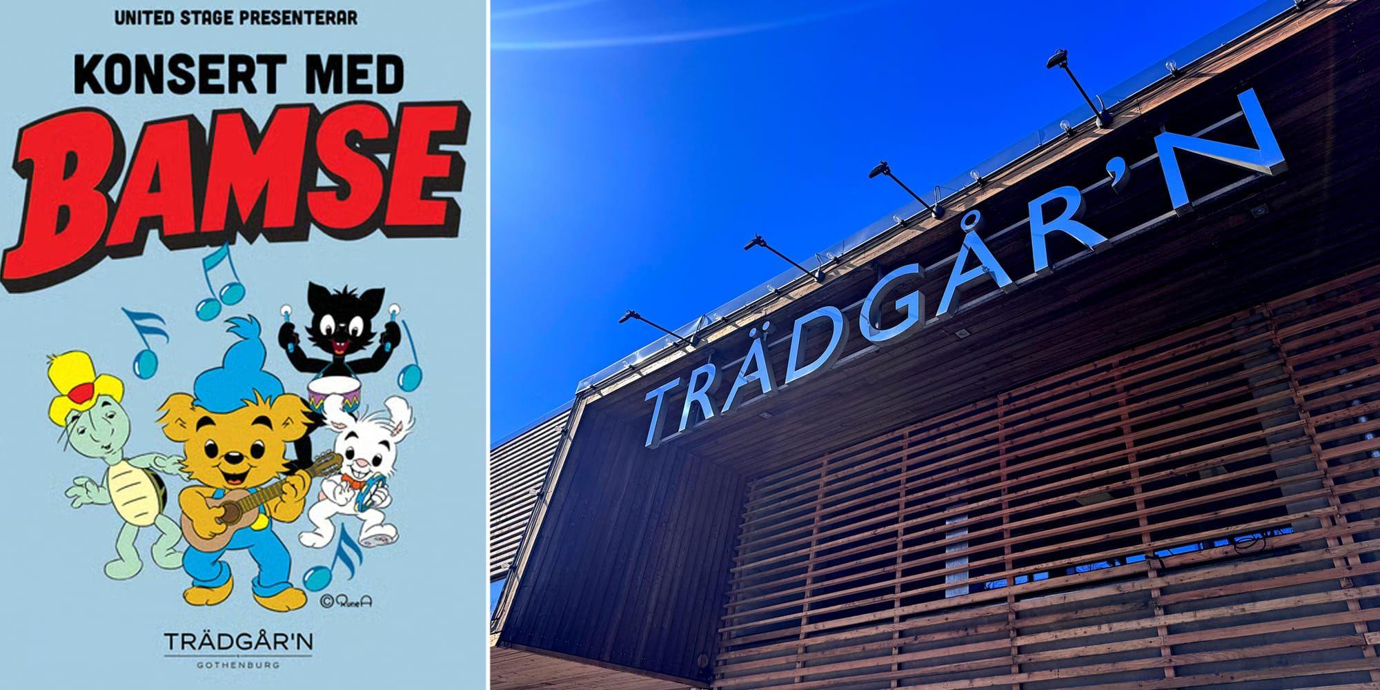 Ett montage med en konsertaffisch på Bamse och hans vänner samt en bild på Trädgår’ns entré. 