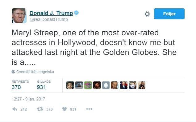 "Meryl Streep är en av de mest överskattade skådespelerskorna i Hollywood. Känner inte mig men attackerade mig senaste natten på Golden Globes. Hon är en....". Foto: Twitter/Skärmdump.