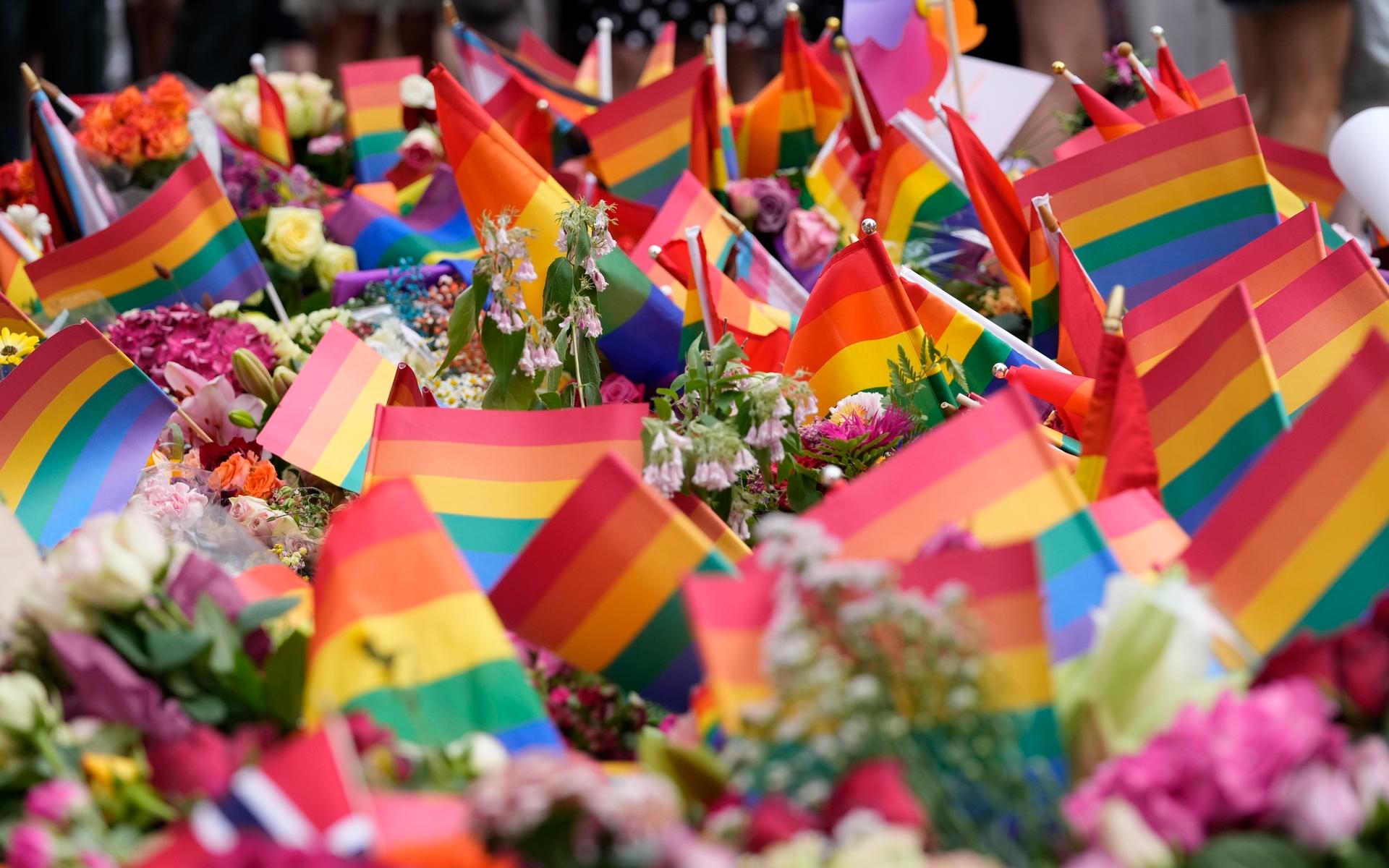 Blommor och regnbågsflaggor på platsen för terrordådet i centrala Oslo.