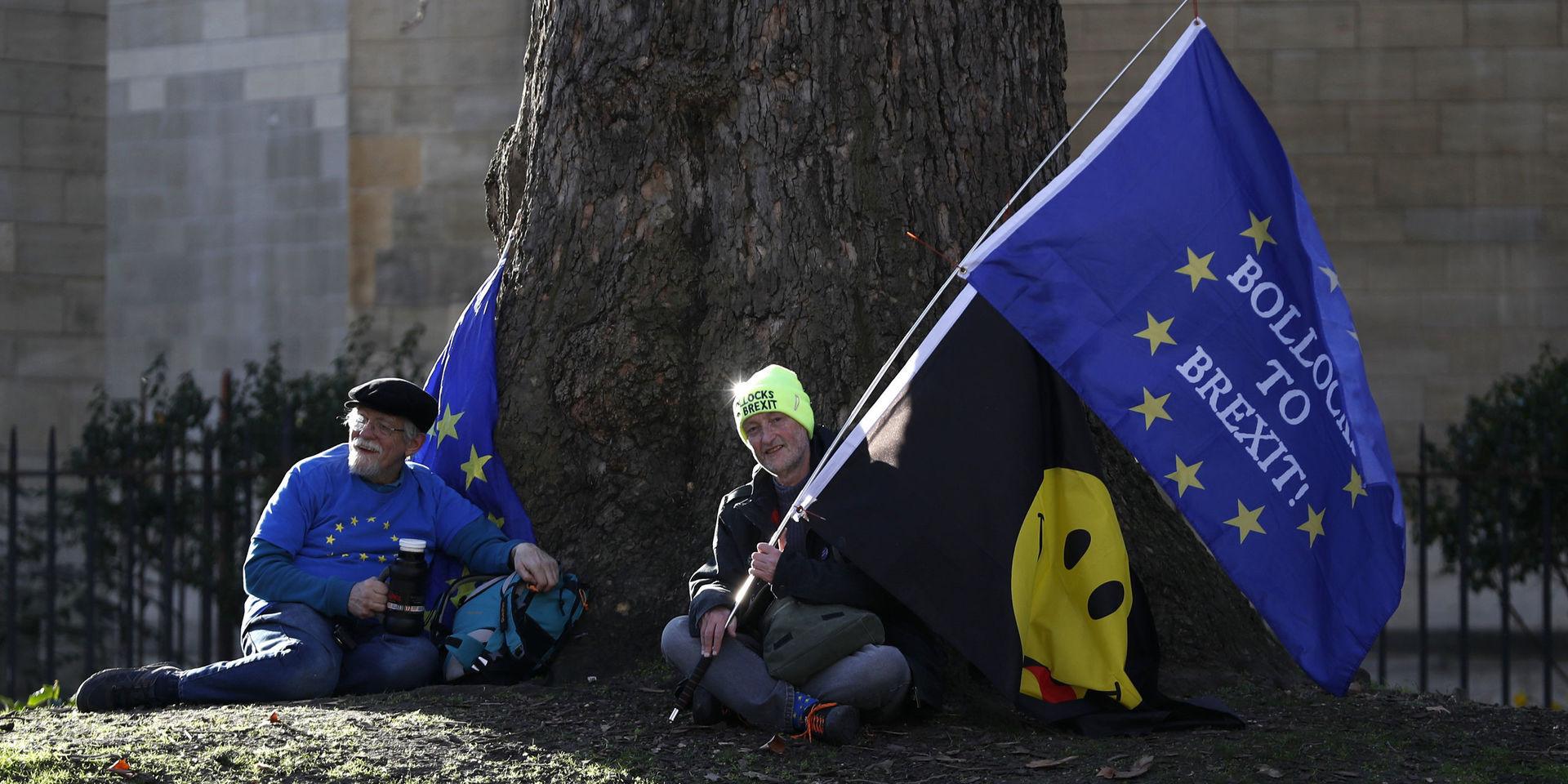 Två demonstranter vilar efter protester mot Brexit i London. 