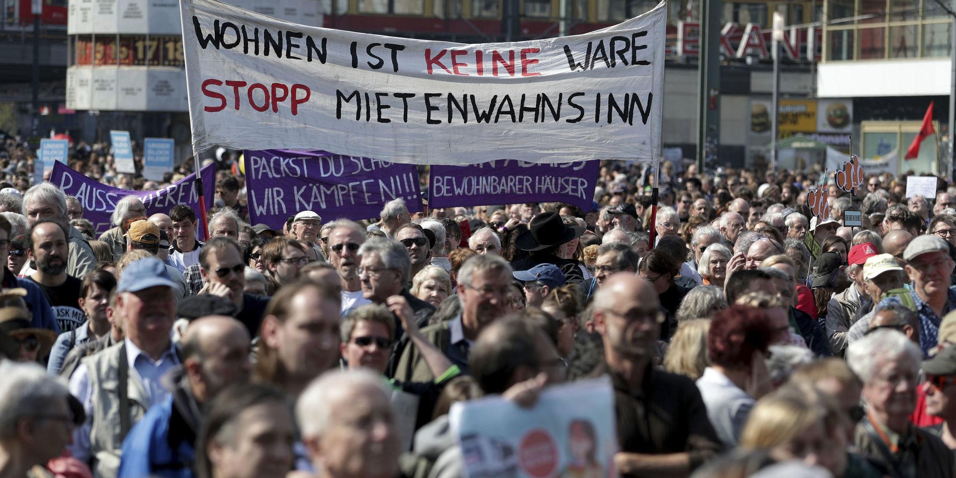 Demonstration mot stigande hyresnivåer i Berlin i april i år.