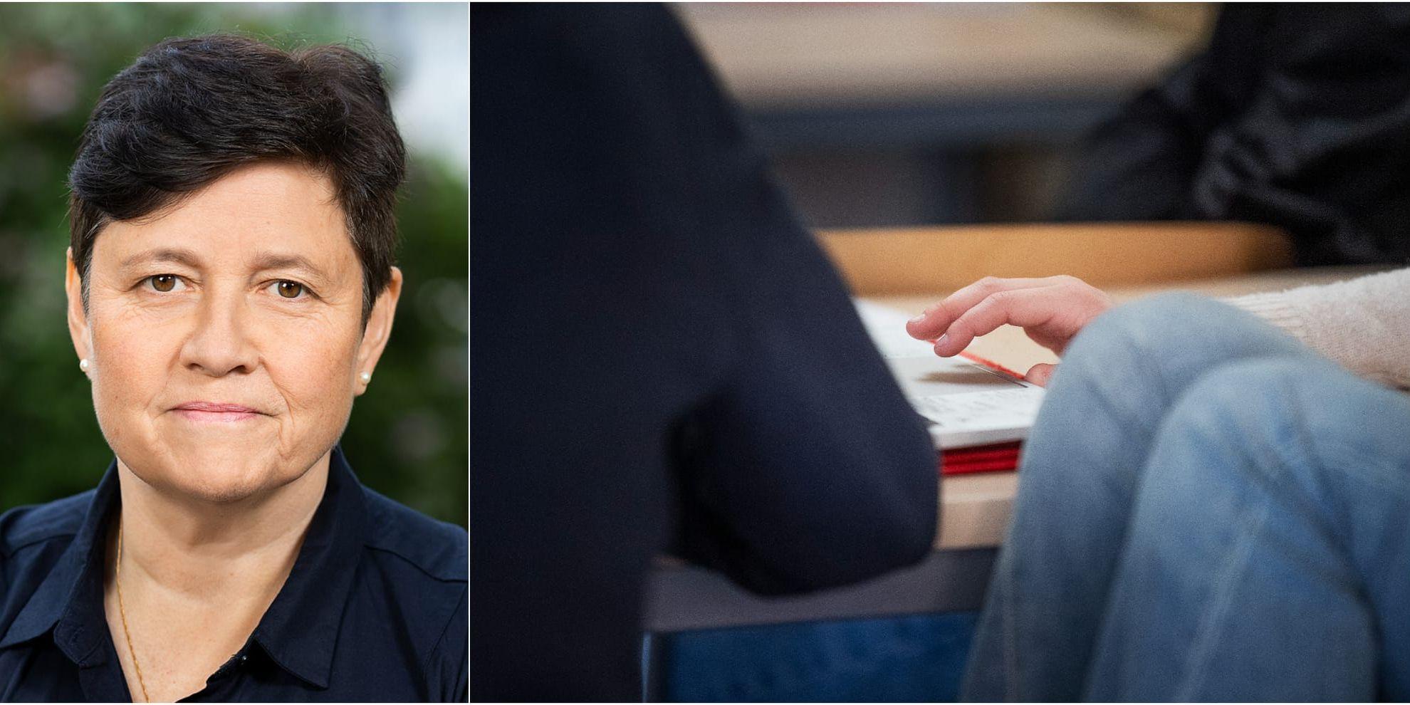 Bildkollage på Eva Flyborg (L) samt en bild på två elever i ett klassrum