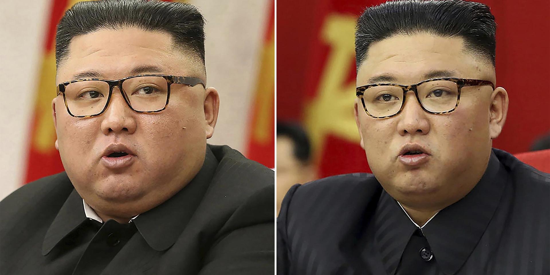 Foton på Kim Jong Un visar hur diktatorn förlorat vikt. Till vänster syns han vid ett partimöte den 8 februari 2021, och till höger den 15 juni 2021.