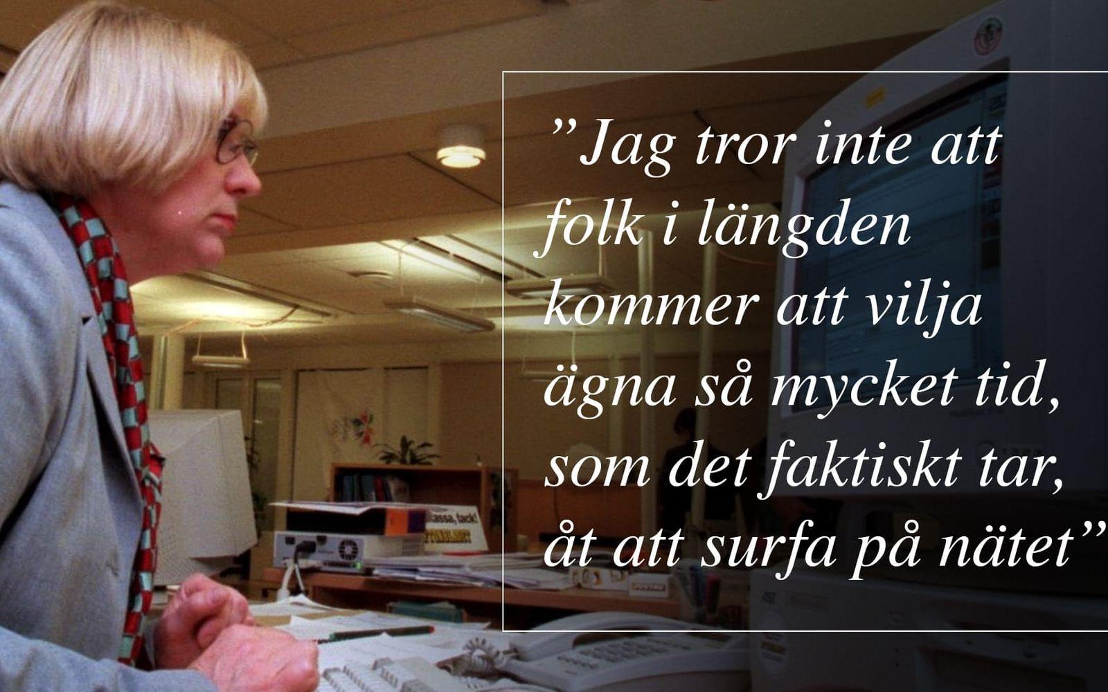 Ines Uusmann, kommunikationsminister, 1994- 1998, i en intervju i SvD 1996. Hon sa aldrig "Internet är en fluga", det var snarare en tillspetsade rubrik, men hon har senare medgett att den fångade andemeningen i vad hon sa korrekt. Foto: TT
