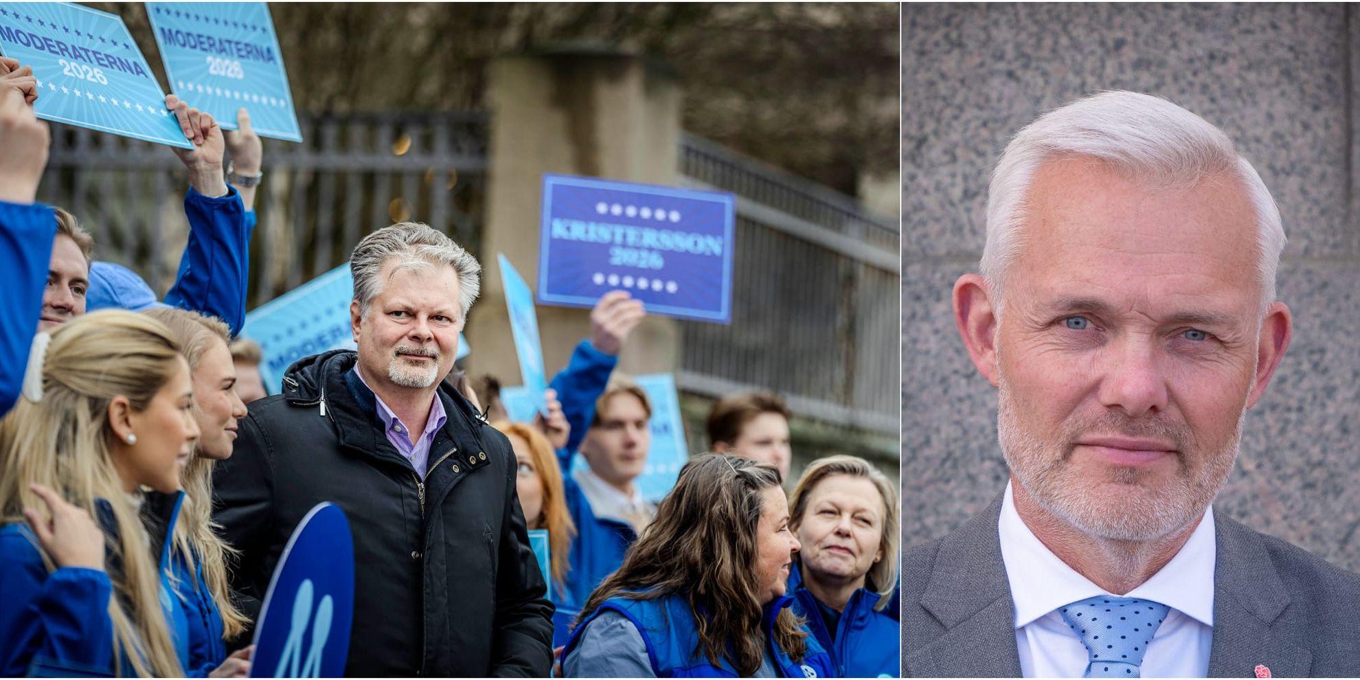 Bildkollage på Jonas Attenius (S) samt en bild på Moderaternas gruppledare Axel Josefson som bedriver valkampanj.