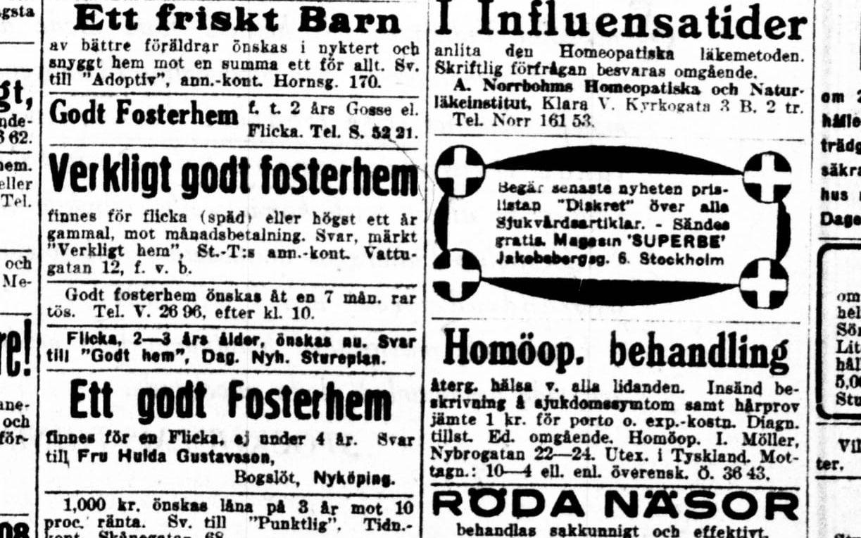 Under ”Diverse” annonseras barn ut i Stockholms-Tidningen så sent som 1927.