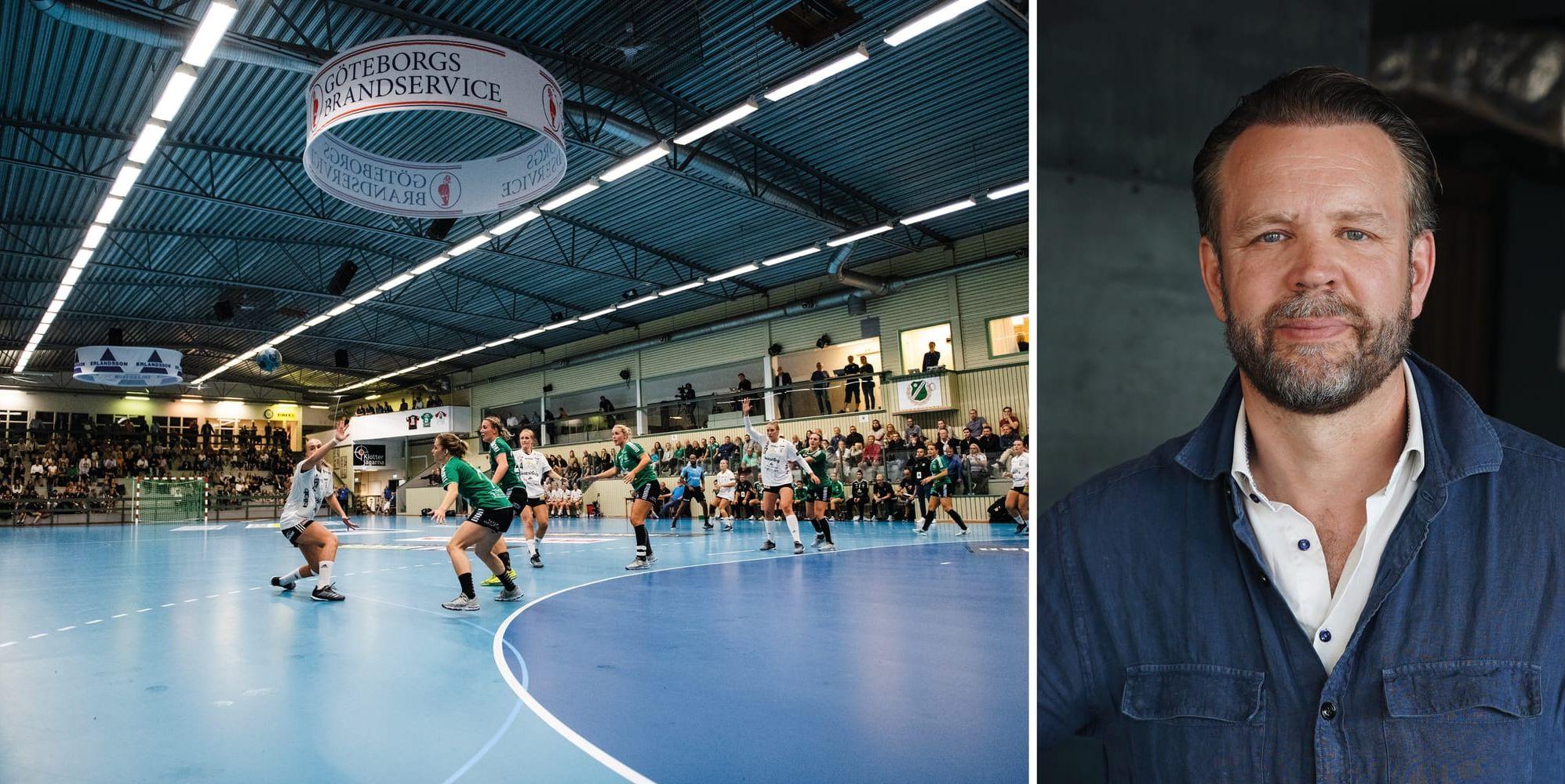 Ett kollage mellan en översiktsbild på en handbollsmatch och ett porträtt på Fredrik Blomberg som är ordförande i Önnereds HK.