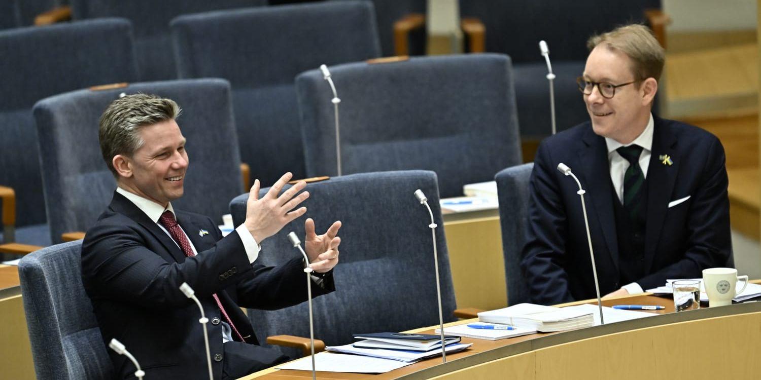 Utrikesminister Tobias Billström (M) och försvarsminister Pål Jonsson (M) innan riksdagen debatterade och röstade om ett svenskt Natomedlemskap. 