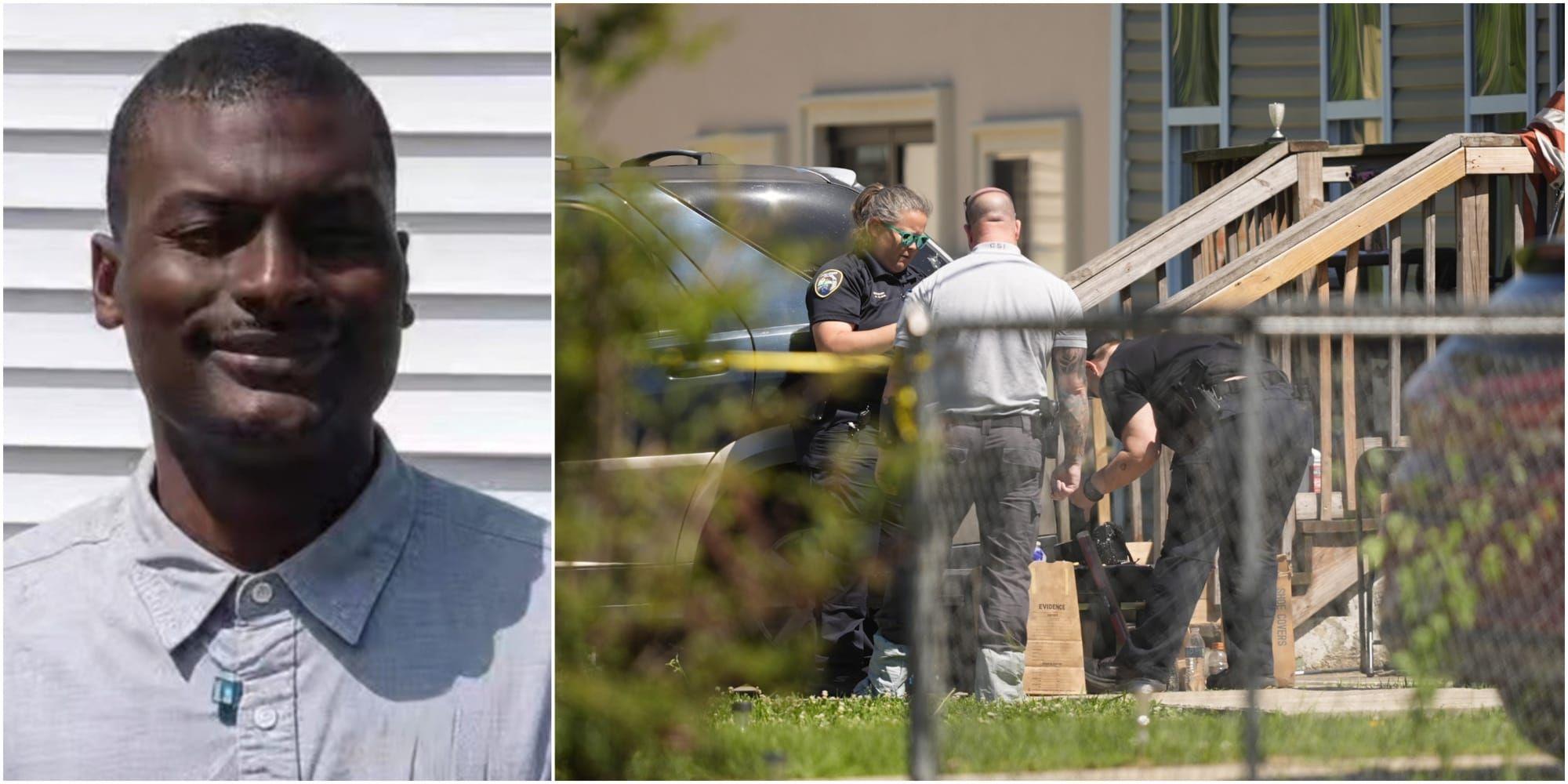 Shamar Elkins och polis på plats vid bostaden. 