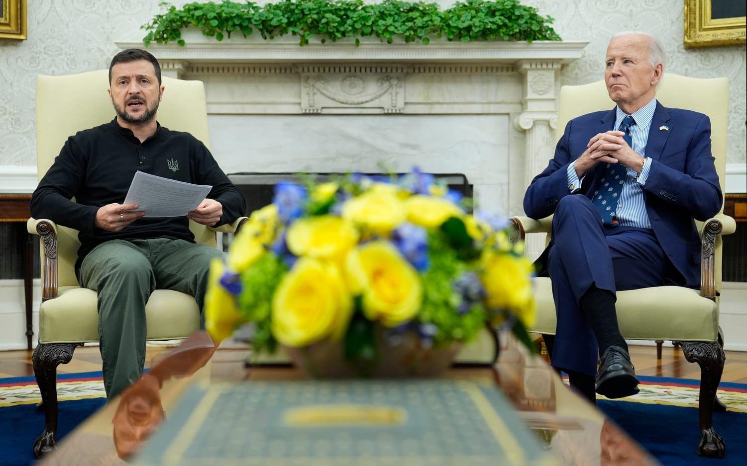 Det blir inget möte mellan USA:s president Joe Biden och den ukrainske presidenten Volodymyr Zelenskyj i Tyskland på lördag. Orkanen Milton gör att Biden ställer in sin resa. Bilden från de bådas möte i Washington den 26 september.