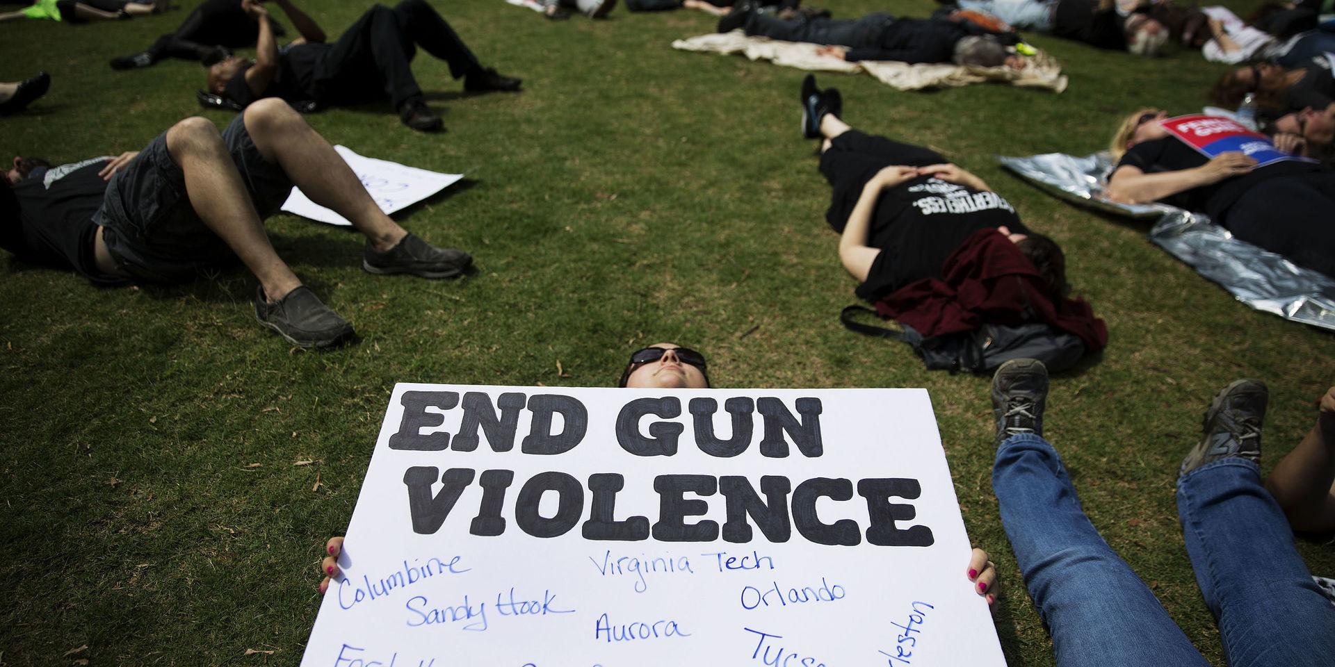 En demonstration mot vapenlobbyorganisationen National Rifle Association i USA. 'Stoppa vapenvåldet' står det på plakatet. Arkivbild.