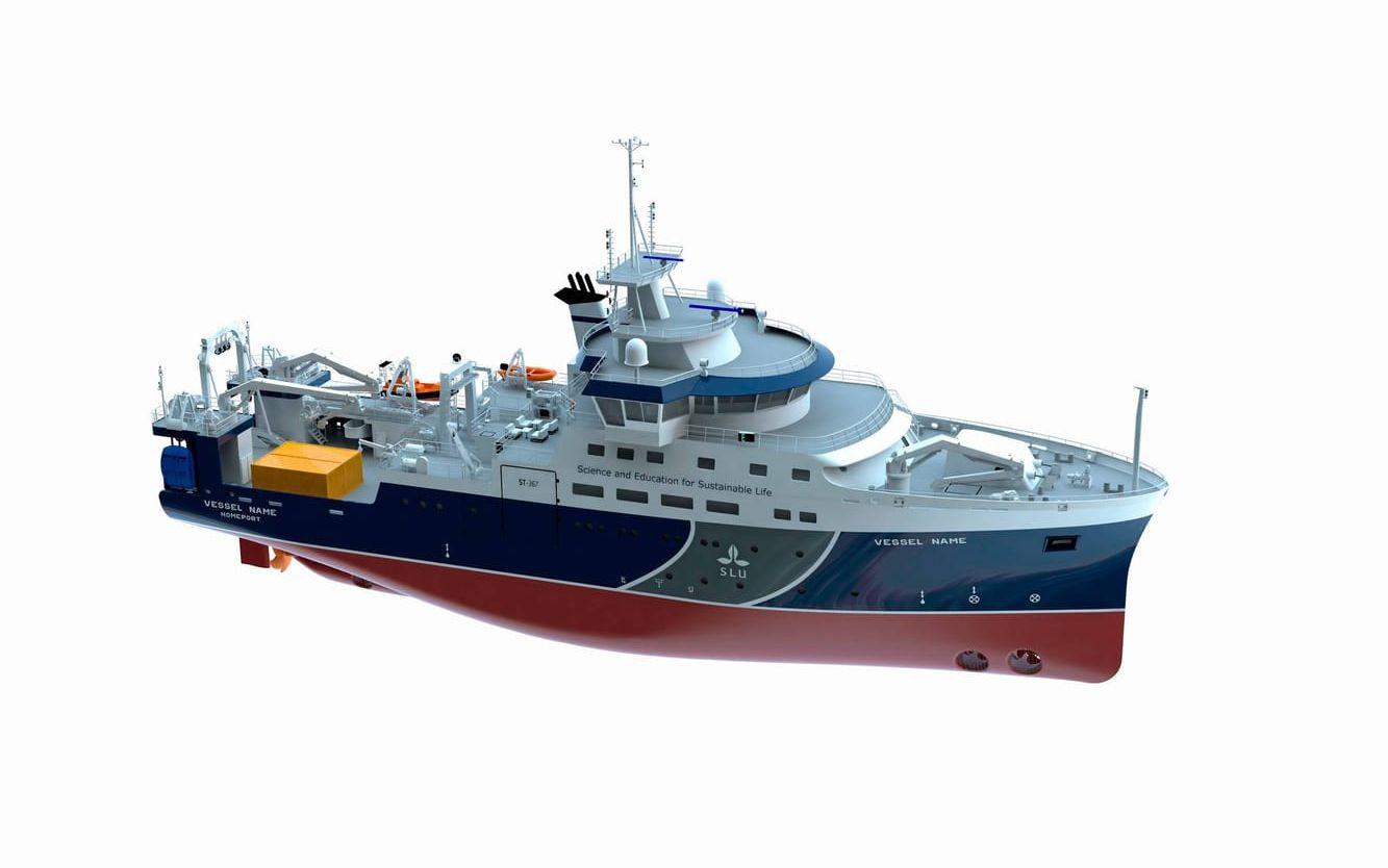 SLU:s fartyg väntas vara i drift 2019 och är ett 69 meter långt oceangående forskningsfartyg och med en bredd på 15,8 meter och ett djupgående på 5,4 meter. Illustration SLU