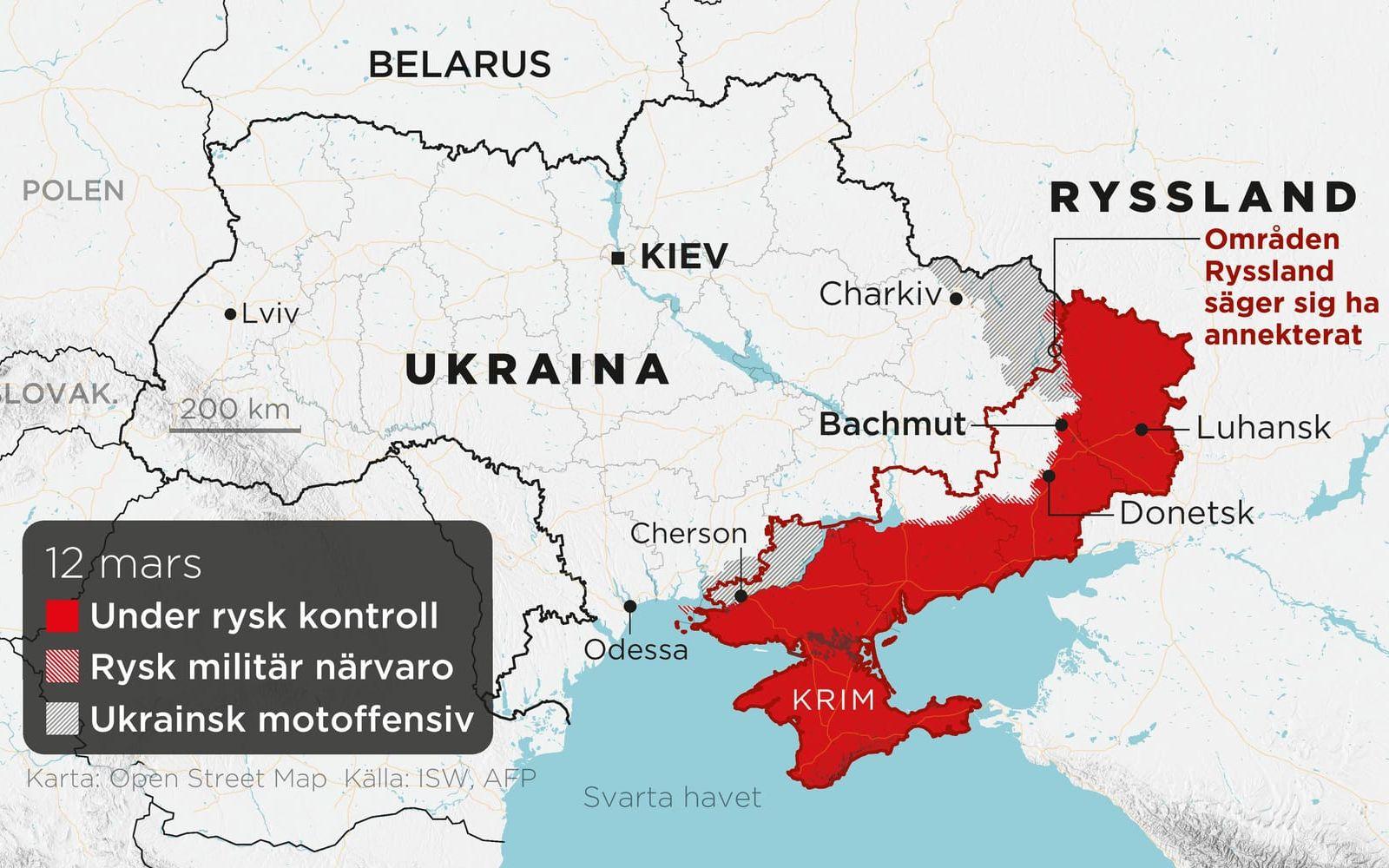 Områden under rysk kontroll, områden med rysk militär närvaro, ukrainska motoffensiver samt annekterade områden.