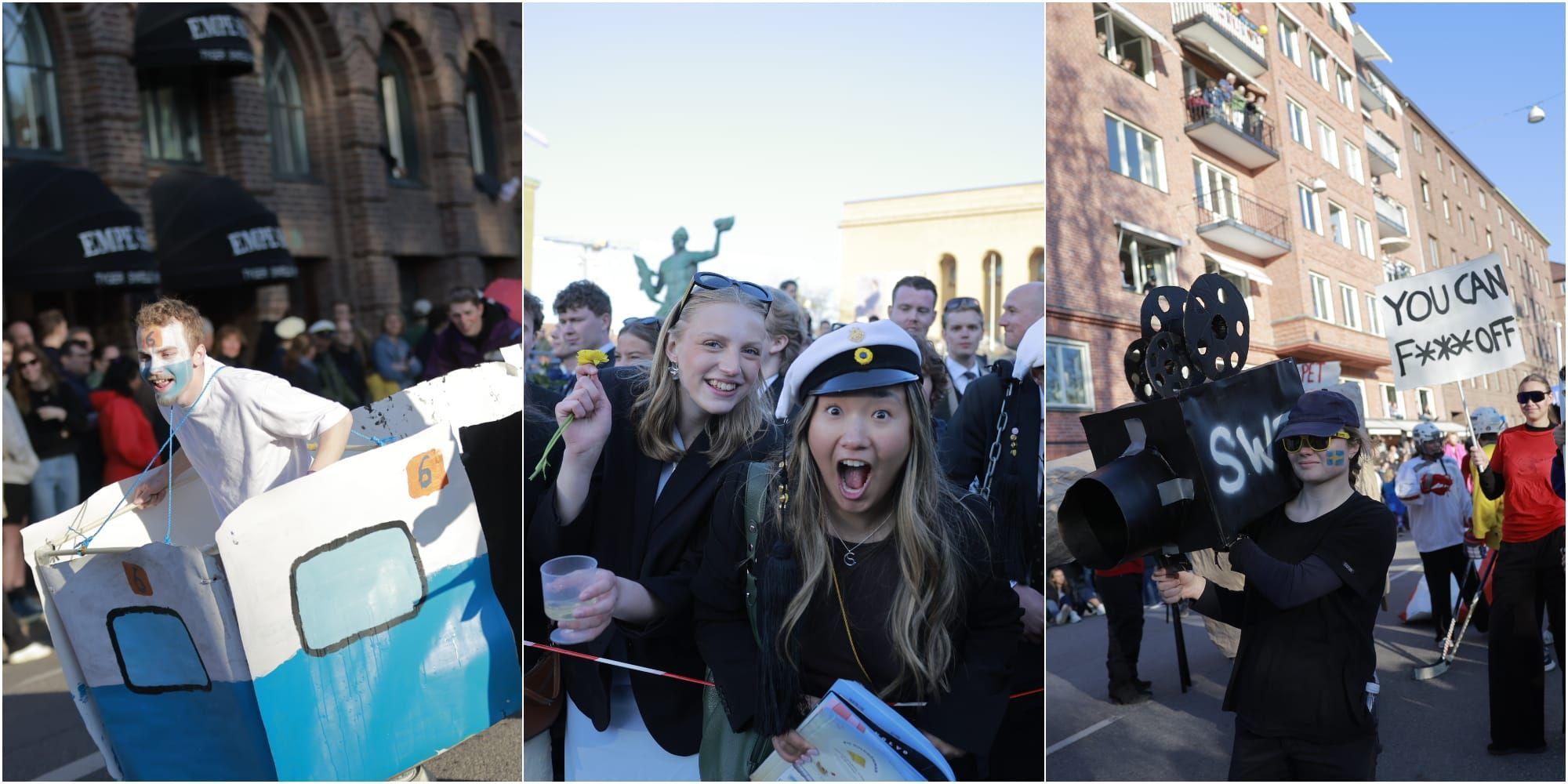 Tre bilder: En spårvagn i papoer, glada jublande studenter och en person som håller i en papperskamera.