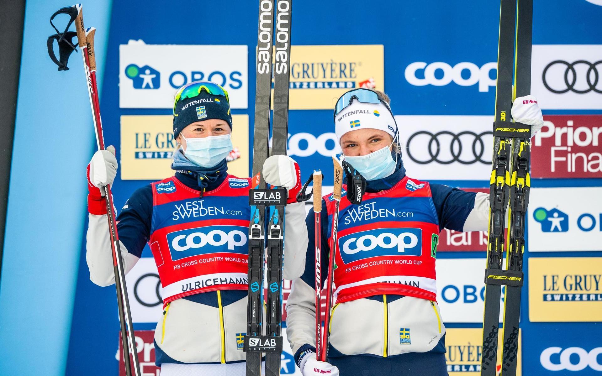 Linn Svahn och Maja Dahlqvist slutade tvåa i sprintstafetten. 