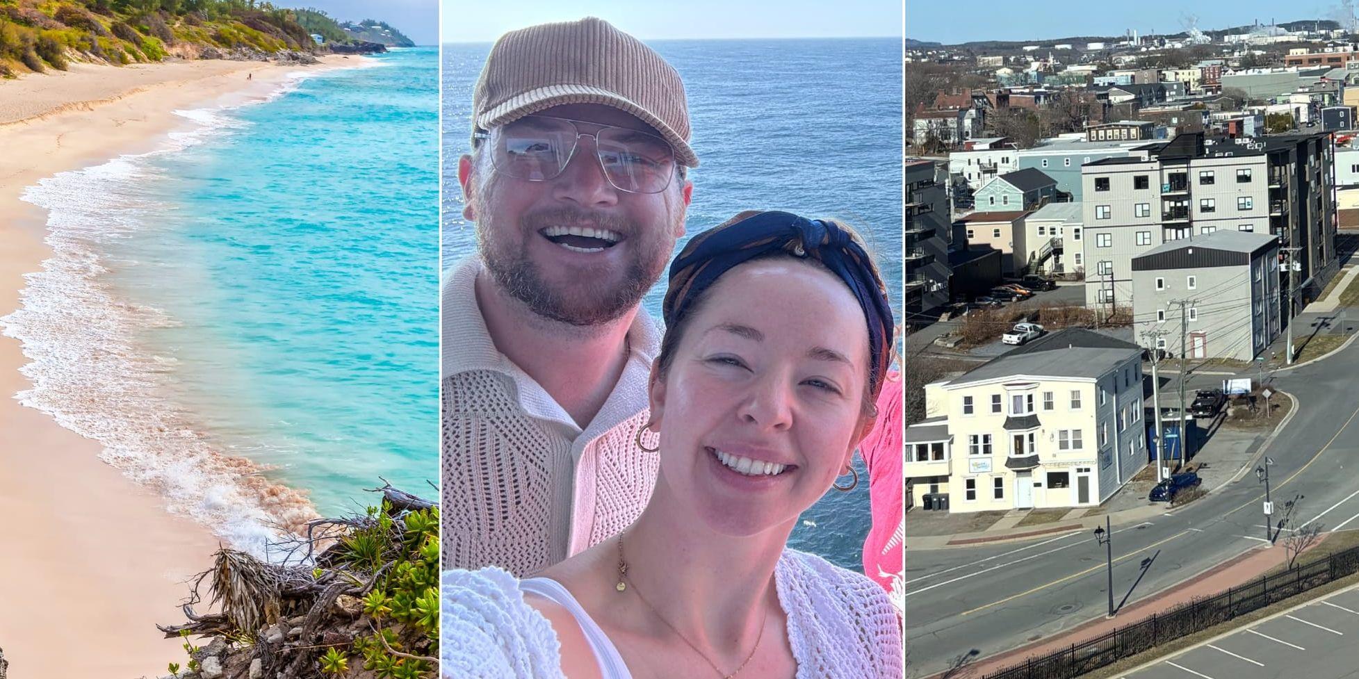 Delad puffbild på en strand i Bermuda, paret McCue och Saint John i Kanada. 