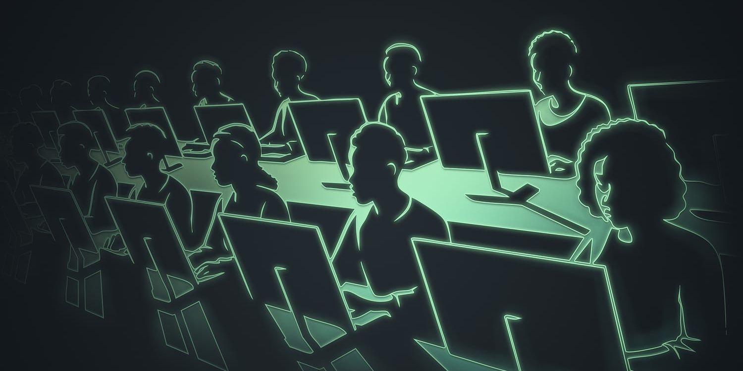 I ett kontorslandskap i Kenya sitter rader av data-arbetare framför sina skärmar och arbetar. Ljuset är grönt.