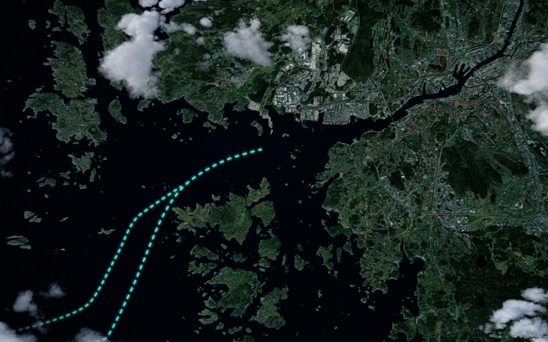 National Geographics digitala karta över hamninloppet och angöringsrutterna in mot Göteborg.