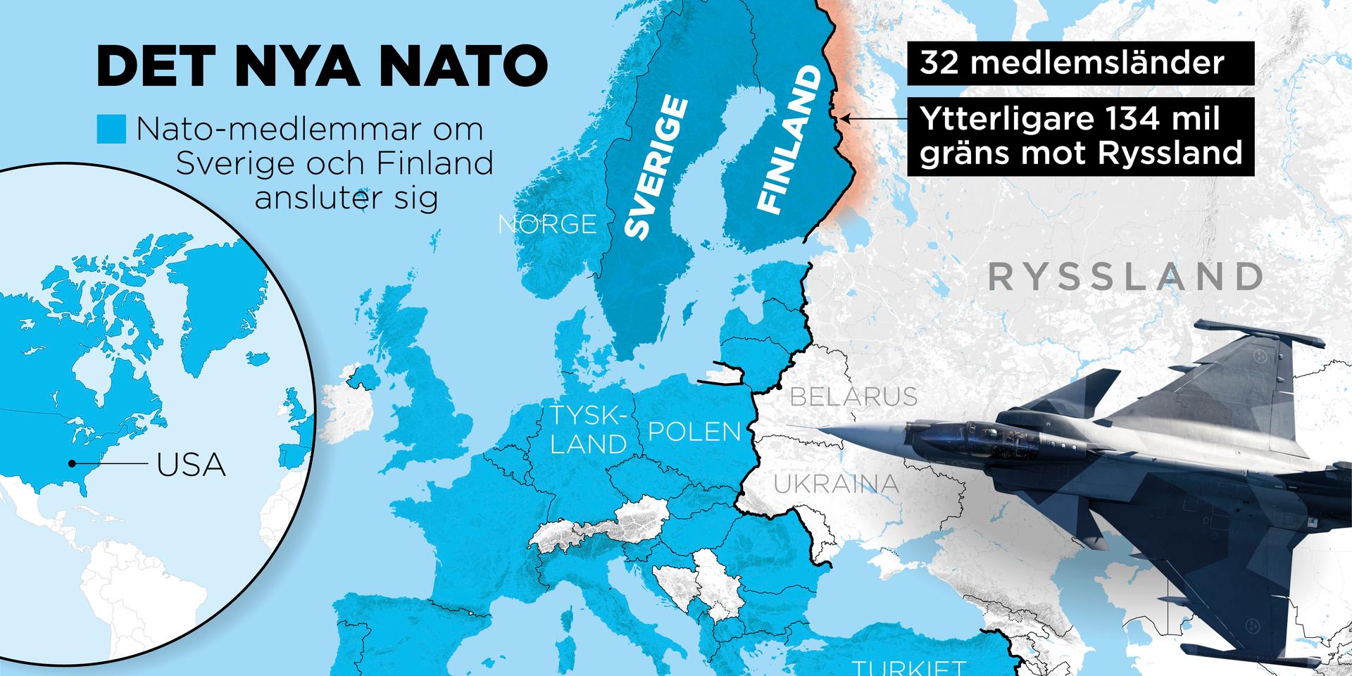 Kartan visar militäralliansen Natos 32 medlemsländer om Sverige och Finland ansluter sig.