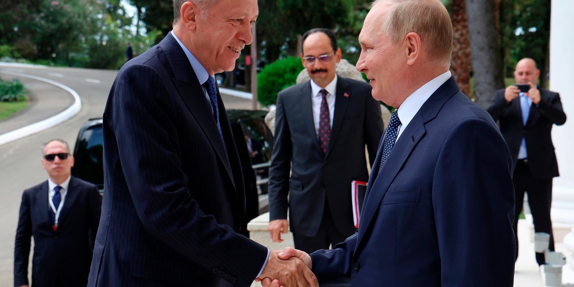 Rysslands president Vladimir Putin hälsar sin turkiske kollega Recep Tayyip Erdogan välkommen till Sotj vid Svarta havet.