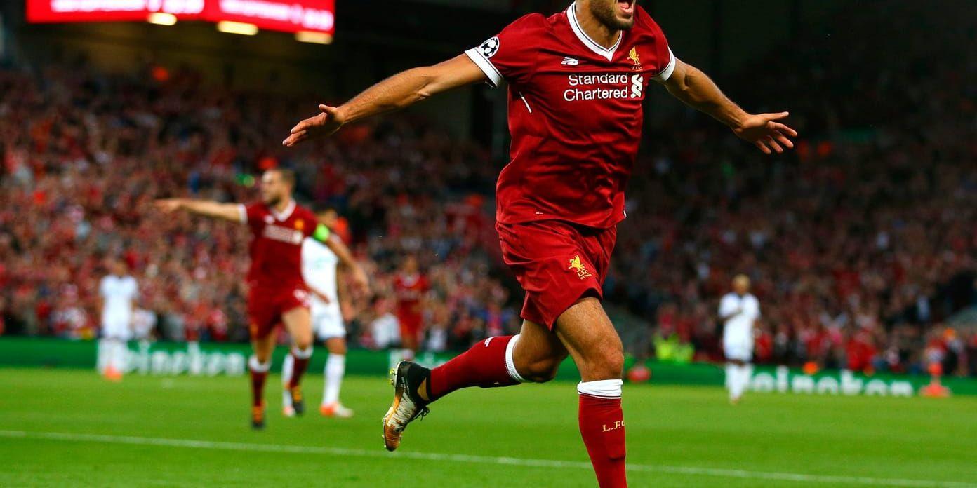 Liverpools Emre Can firar ett av sina två mål mot Hoffenheim som tog Liverpool vidare till Champions Leagues gruppspel.