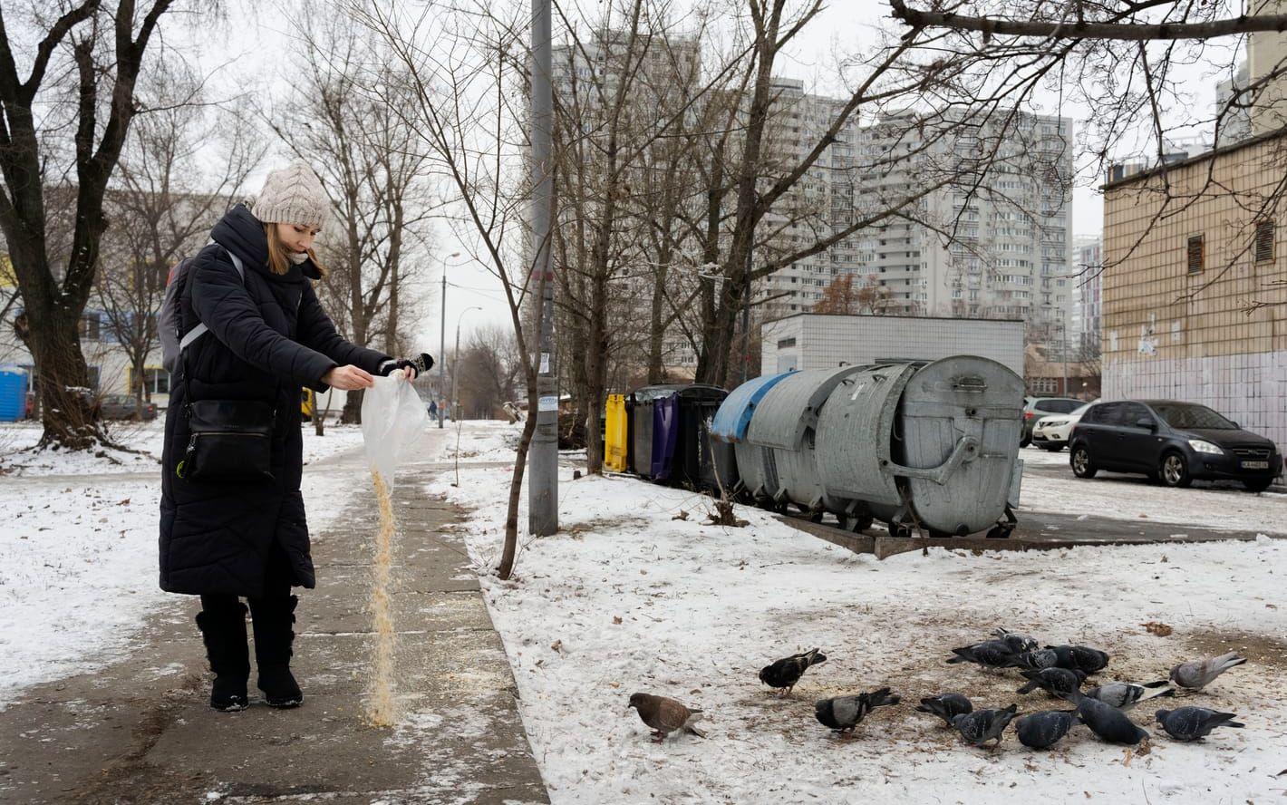Maria Usenko matar småfåglar utanför huset i bostadsområdet i östra Kiev.
