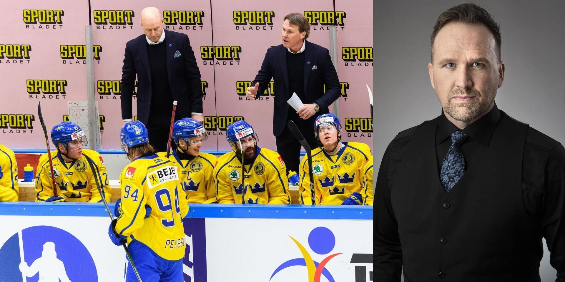Svenska avbytarbåset under Beijer Hockey Games-matchen mellan Sverige och Tjeckien. Bild i collage med GP:s hockeykrönikör Johan Rylander.