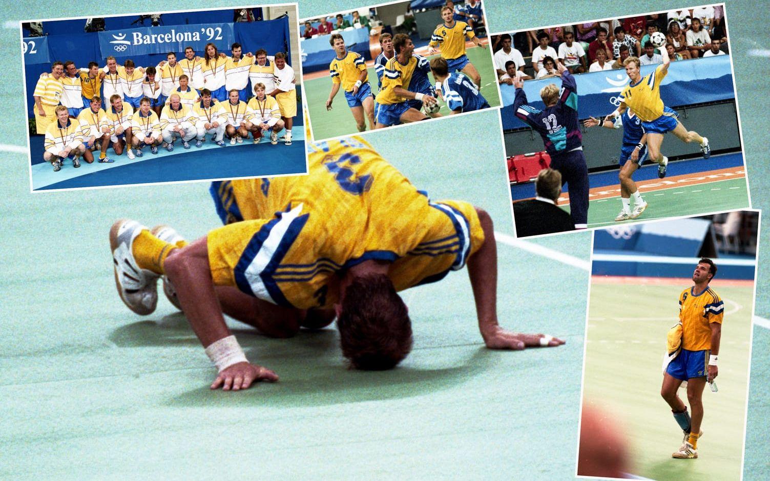 1992. OS-silver i Barcelona. Magnus Wislander & Co. deppade direkt efter finalen. Men när den första besvikelsen hade lagt sig kunde laget se tillbaka på sn stark insats. Foto: Bildbyrån