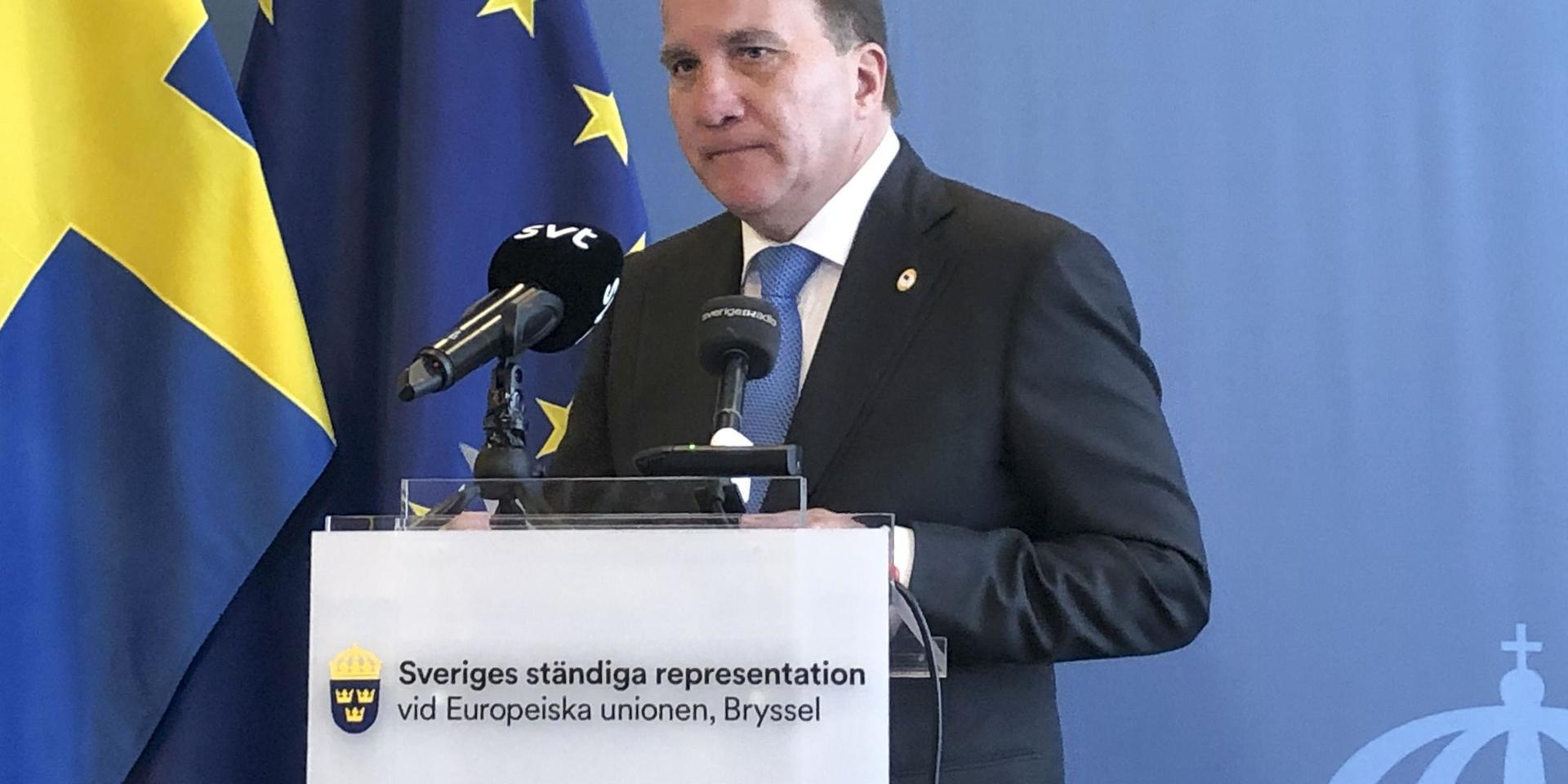 När coronapandemin i somras gjorde att toppmöteslokalerna stängdes för pressen fick statsminister Stefan Löfven (S) i stället träffa svenska journalister på Sveriges EU-representation. Arkivfoto.