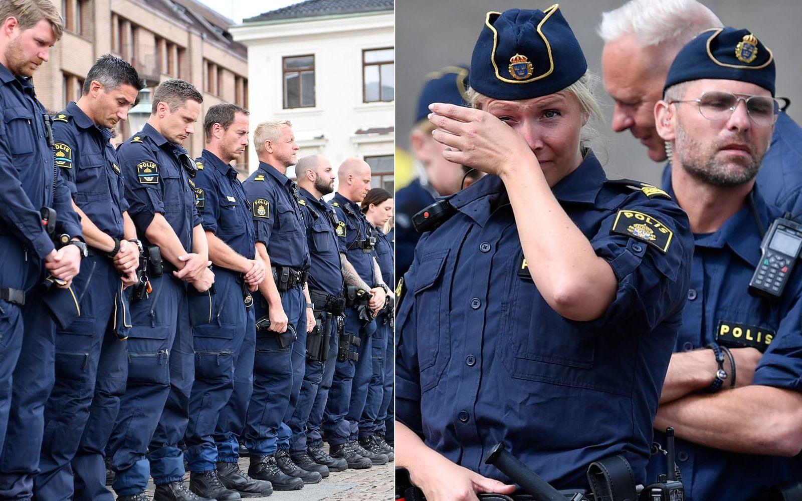 Klockan 12.00 på måndagen höll polisen en tyst minut på Gustaf Adolfs torg för att hedra sin kollega. Bild: Robin Aron