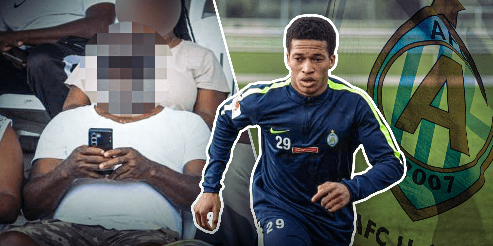 Montage av foto på fotbollsspelare och foto på fotbollsagent i publik.