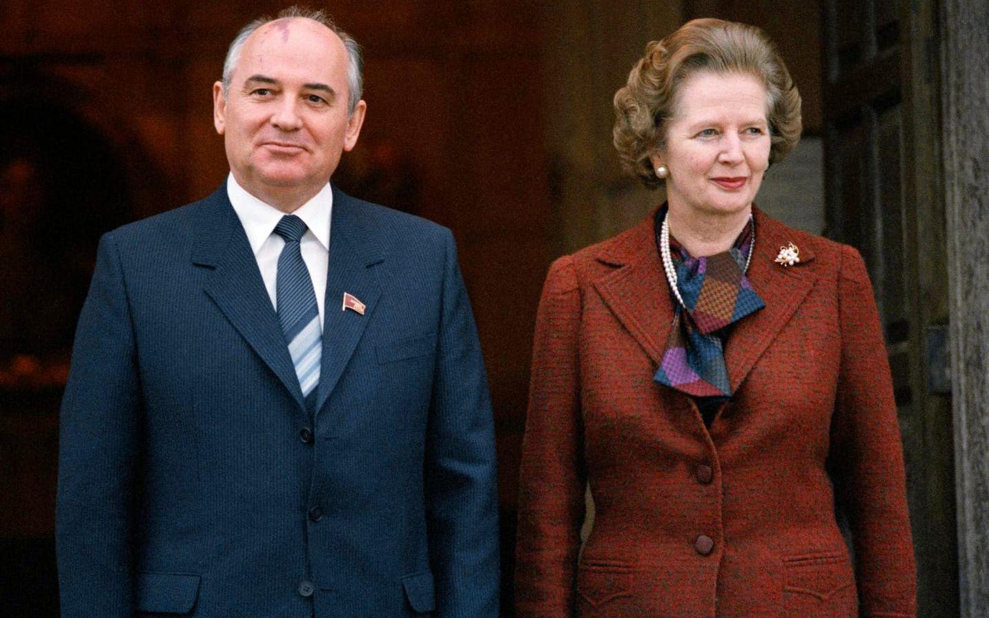 Michail Gorbatjov tillsammans med Storbritanniens dåvarande premiärminister Margaret Thatcher. Bild från London 1984.
