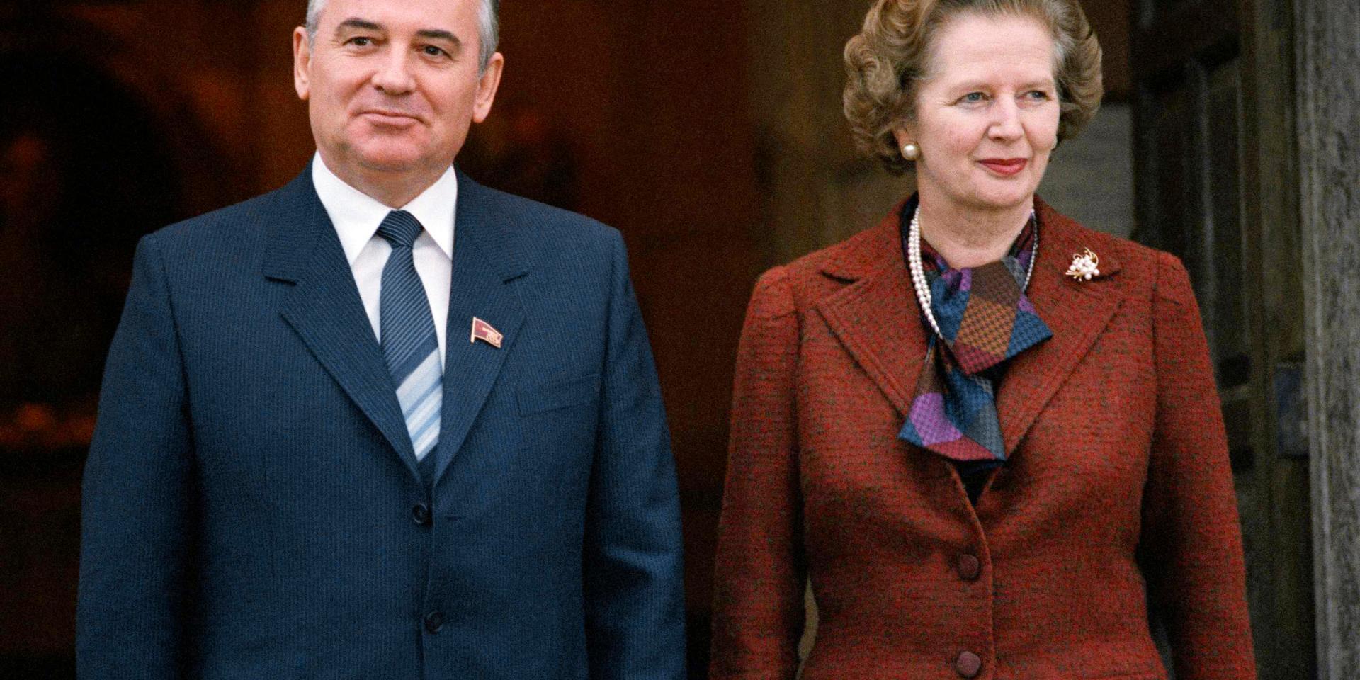 Michail Gorbatjov tillsammans med Storbritanniens dåvarande premiärminister Margaret Thatcher. Bild från London 1984.