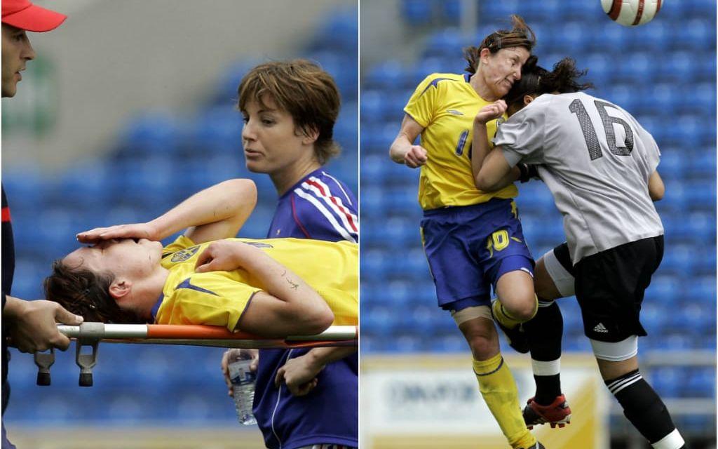 Hanna Ljungberg knockades av Frankrikes målvakt i Algarve cup. Bild: TT